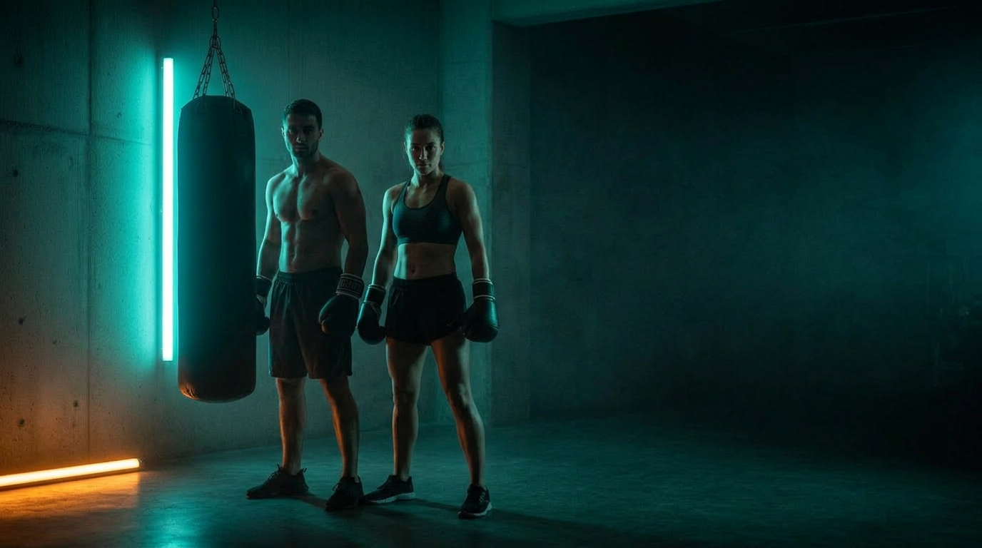 Boxer im dunklen Trainingsraum mit blauem Neonlicht