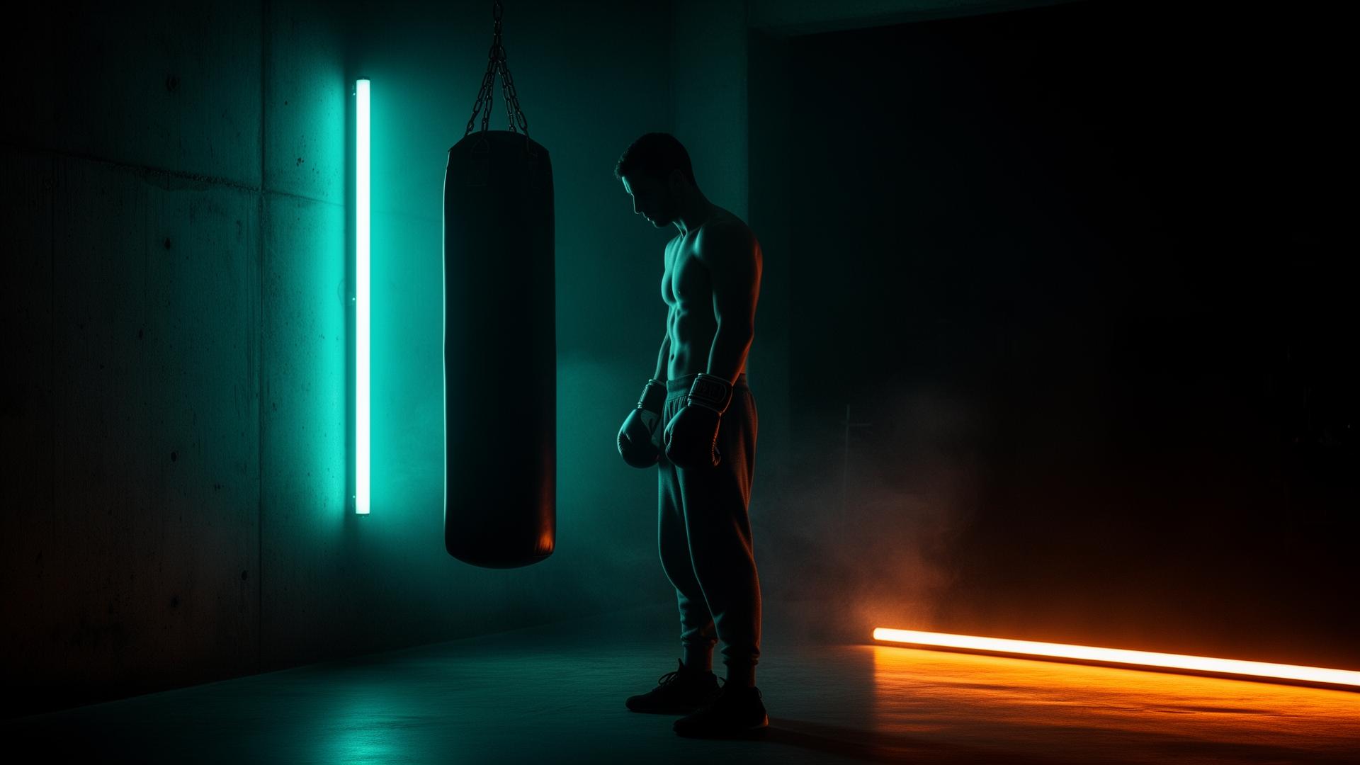 Boxer im dunklen Trainingsraum mit blauem Neonlicht